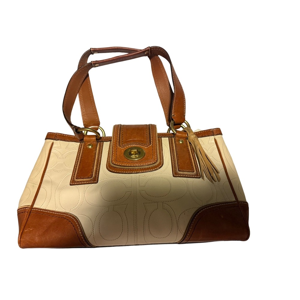Coach Hampton Satchel Cream Brown Leather Optic C Handbag 11540